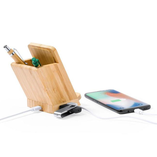 Promotional Bamboo wireless charger 5W, hub, pen/phone holder - GP50198