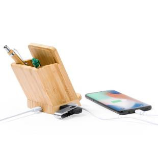 Promotional Bamboo wireless charger 5W, hub, pen/phone holder